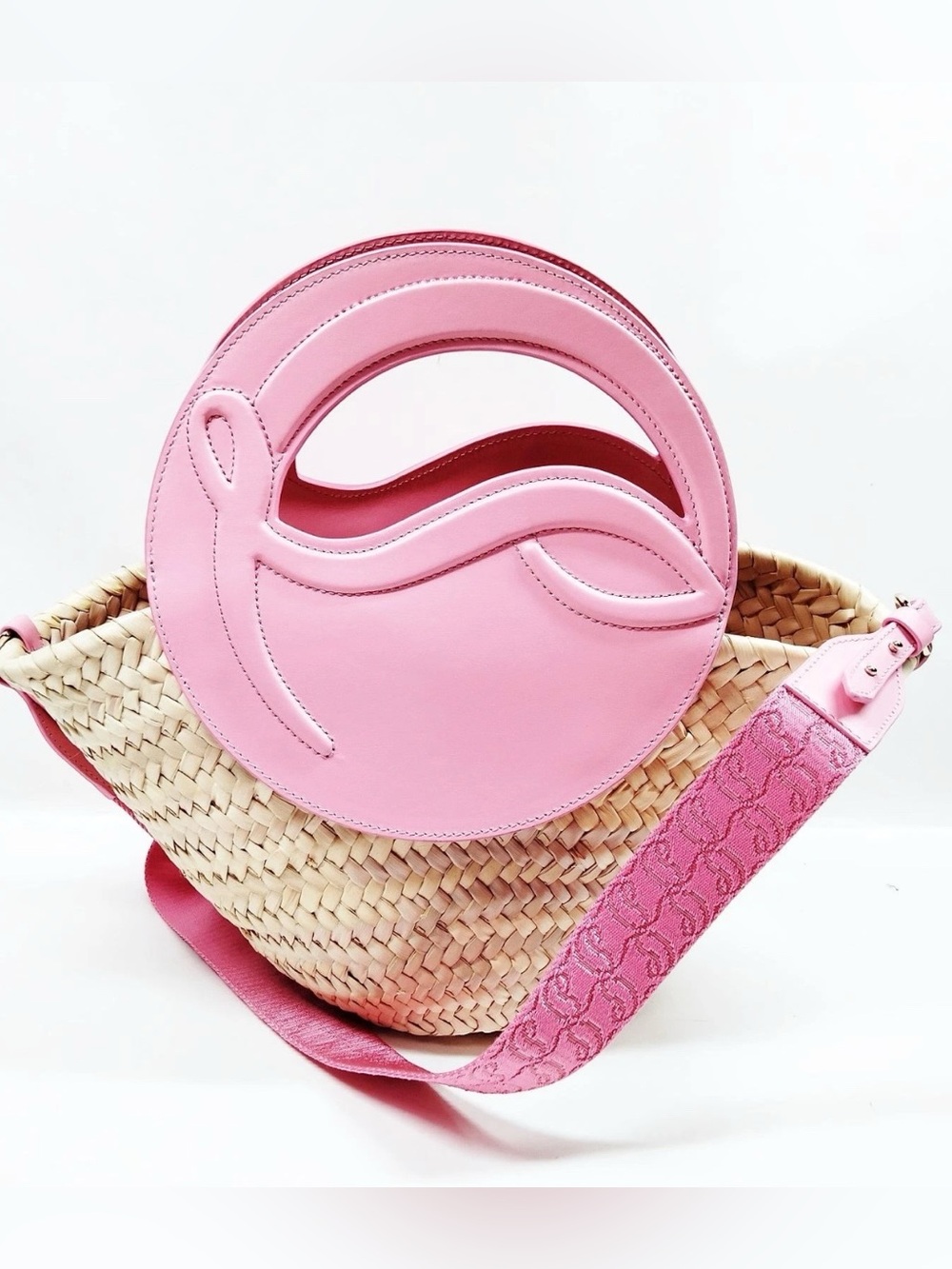 Christian Louboutin Loubishore Pink Leather Straw Basket Tote Bag Strap